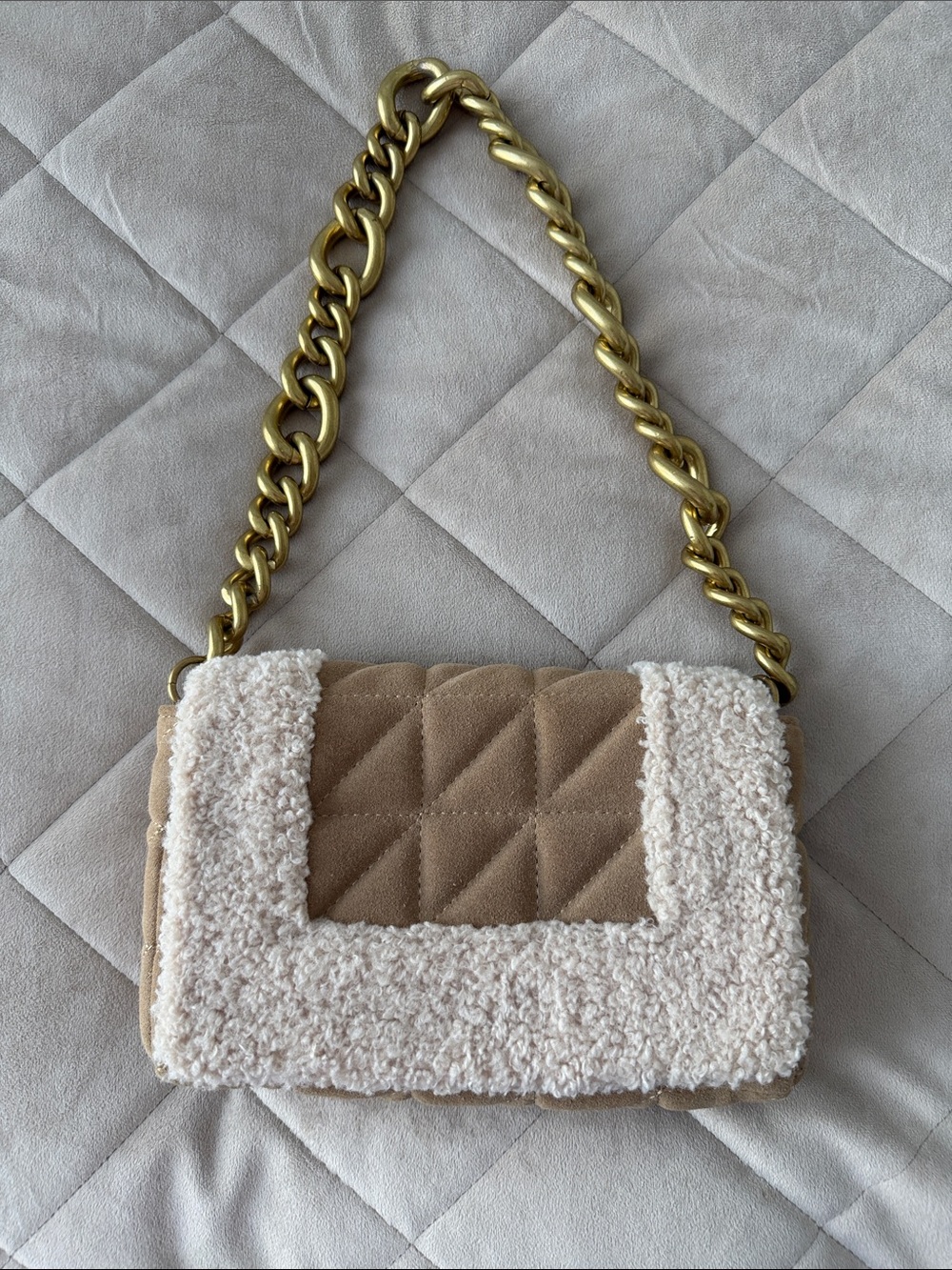 Quilted Shearling Trim Shoulder Bag in Beige
